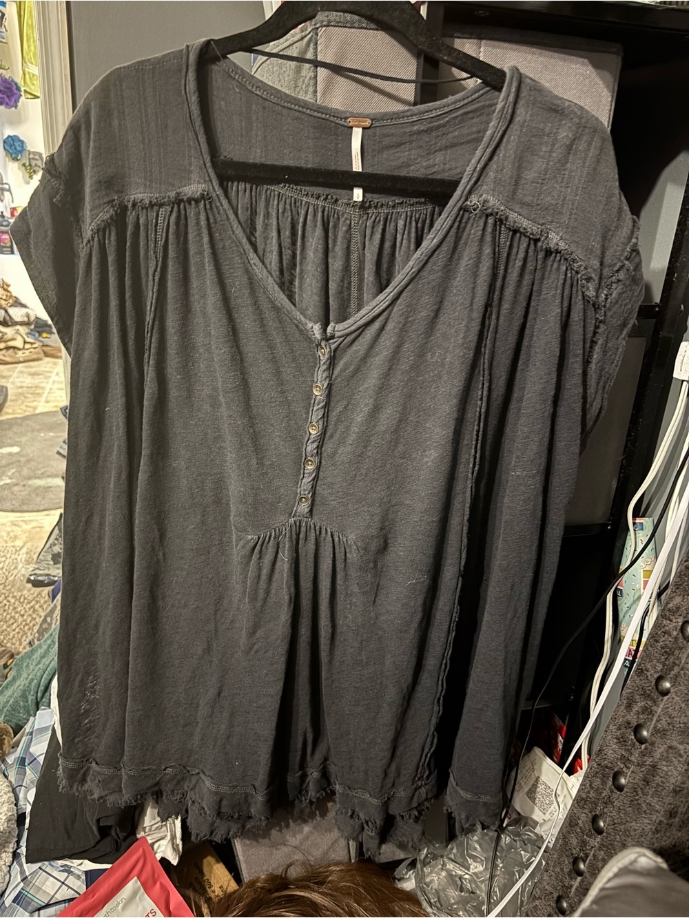 Free People Relaxed Button-Front Peasant Tunic - Charcoal Gray